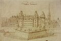 Hofburg mit Baustelle für den Wiederaufbau des abgebrannten Leopoldinischen Traktes (links), wahrscheinlich um 1675/1676