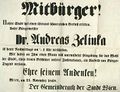 Trauerbulletin mit der amtlichen Bekanntgabe des Todes von Andreas Zelinka, 1868.