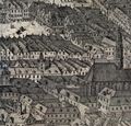 Das Rathaus tritt trotz seines Turms (Bildmitte) nicht markant in Erscheinung. Ausschnitt aus dem Hoefnagel-Plan, 1609