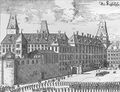 Gegen die Michaelerkirche hin lag ein runder Eckturm des Lustgartens. Dahinter der Badeturm, Ballhaus, Schatzkammertrakt und Alte Burg, 1672